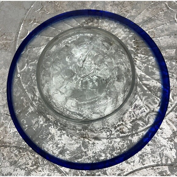 Cobalt Blue Rim Glass Bowl Handblown Mexican Serving Dish 11” Salad Chip Salsa - Picture 2 of 3
